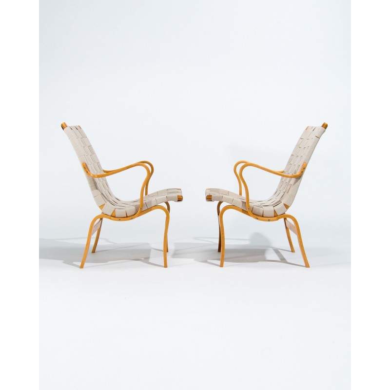 Pair of vintage Eva armchairs in beechwood and linen by Bruno Mathsson for Dux, Sweden 1960