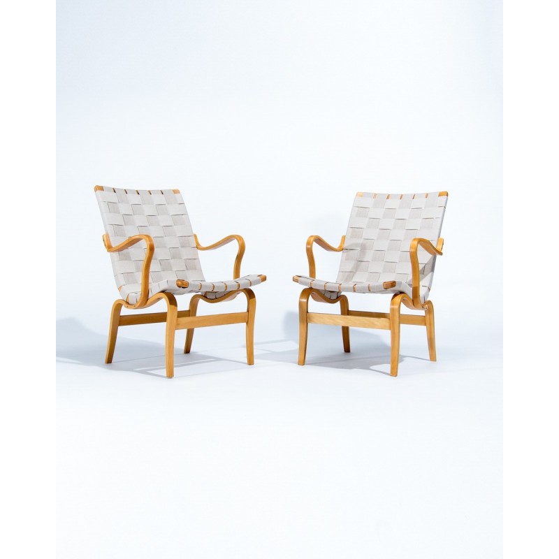 Pair vintage Eva armchairs in and linen by Bruno Mathsson for Sweden 1960