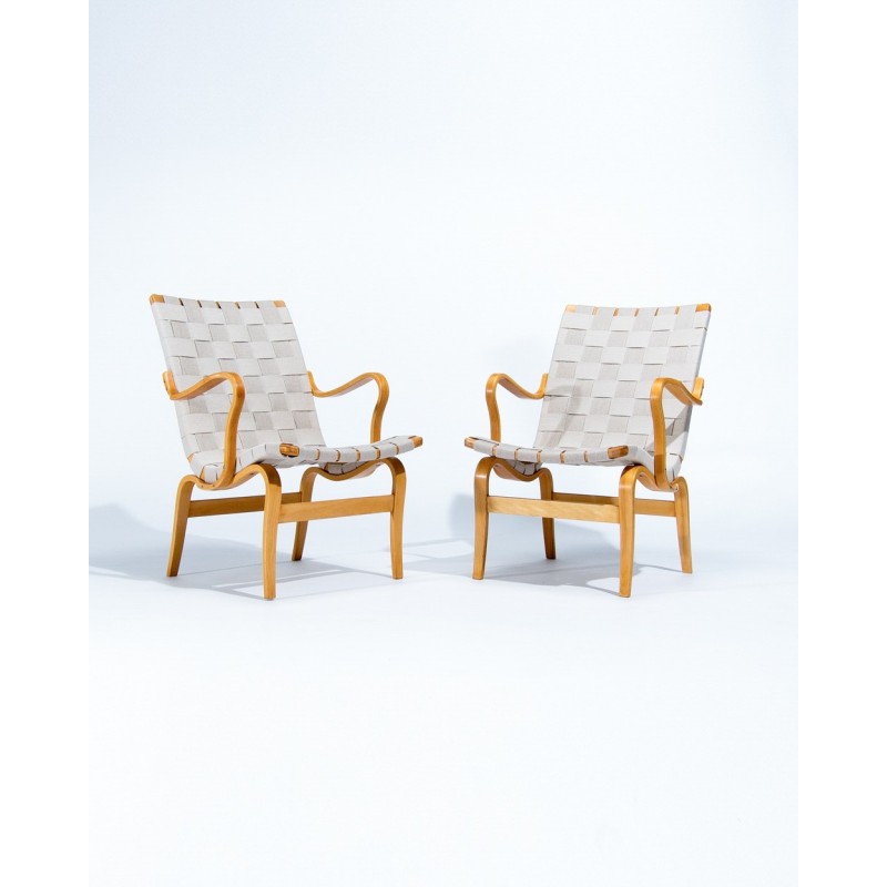 Pair of vintage Eva armchairs in beechwood and linen by Bruno Mathsson for Dux, Sweden 1960