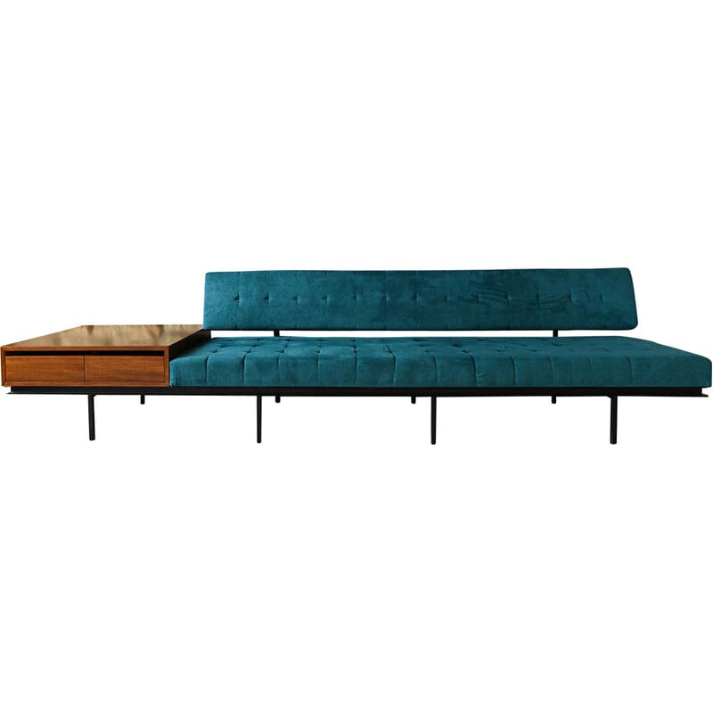 Canapé vintage "Florence knoll" en acier émaillé noir, tissu bleu pétrole et bois