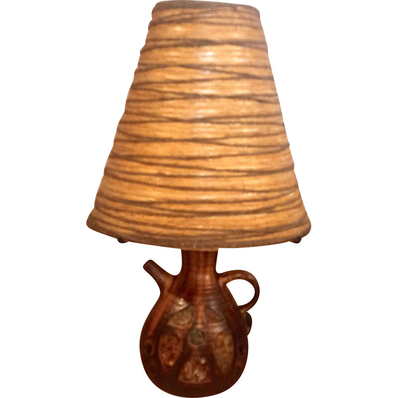 Vintage ceramic and raffia table lamp by Georges Pelletier for Accolay, 1960-1970