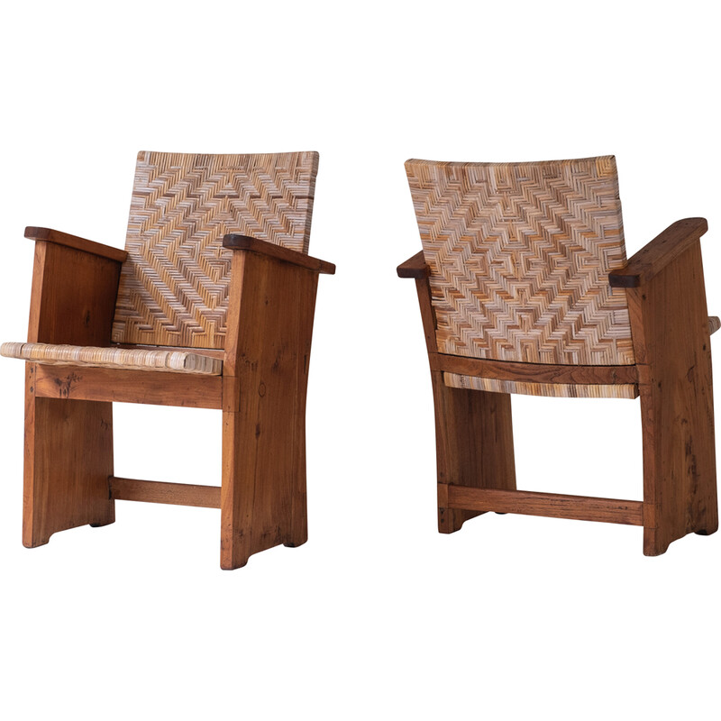 Pair of Art Deco vintage oakwood and cane armchairs, France 1940s