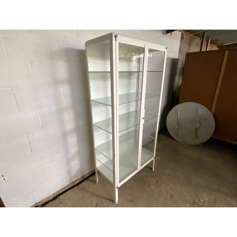 Vintage metal and glass medical display cabinet, 1930