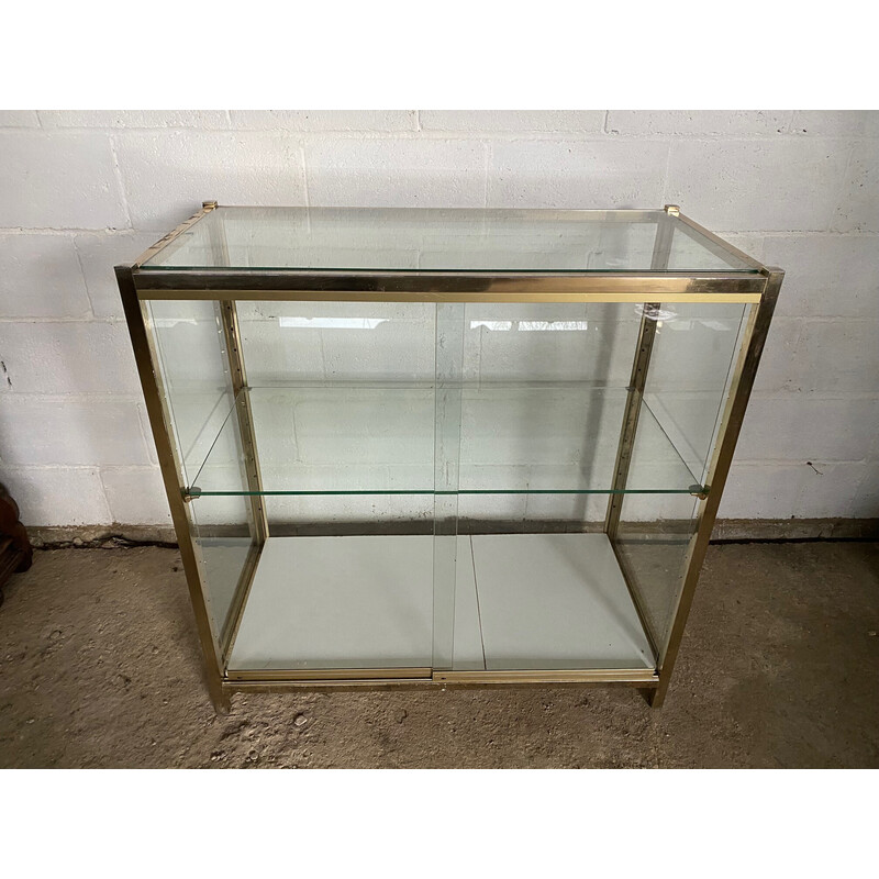 Vintage gilded metal and industrial glass display cabinet, 1950