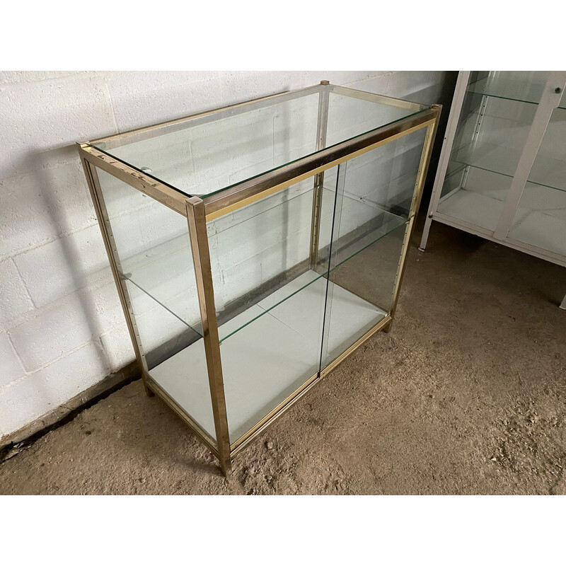 Vintage gilded metal and industrial glass display cabinet, 1950
