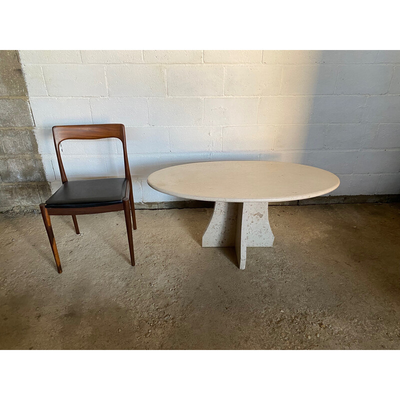 Vintage travertine oval coffee table with central cross leg, 1970