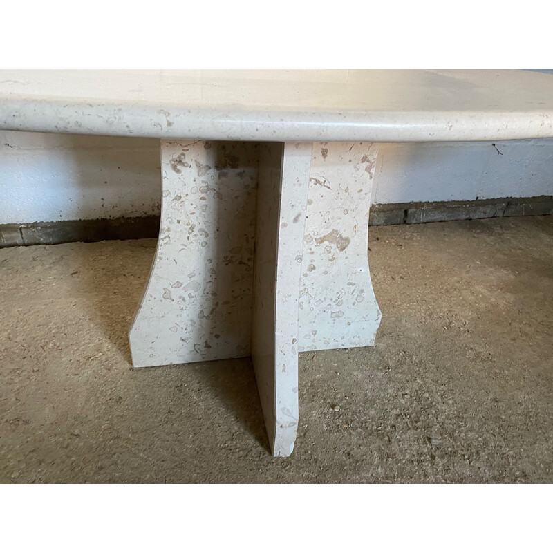 Vintage travertine oval coffee table with central cross leg, 1970