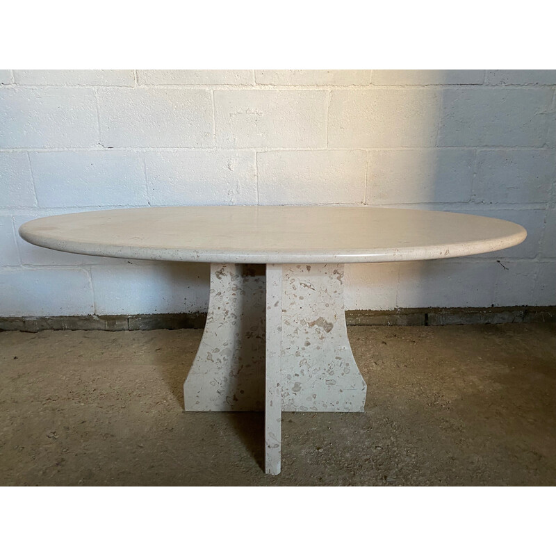 Vintage travertine oval coffee table with central cross leg, 1970