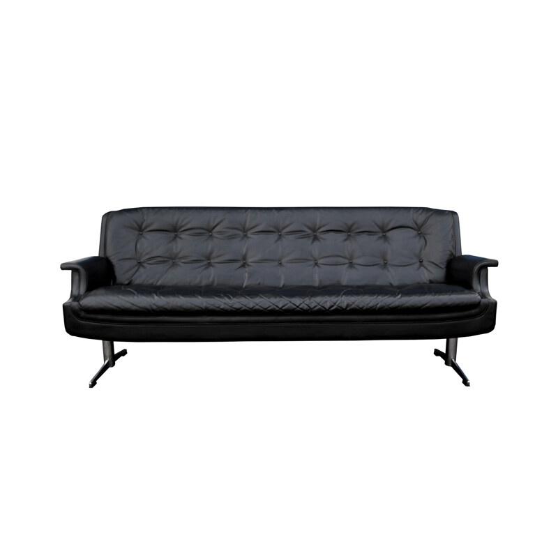 Lounge black leather 3-seater sofa - 1960s