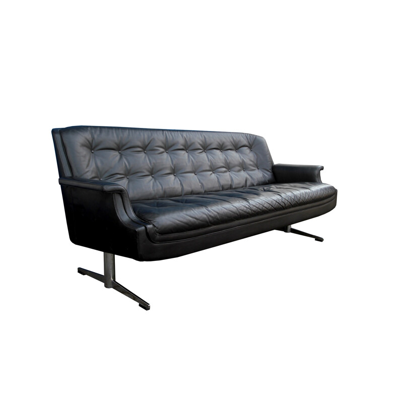 Lounge black leather 3-seater sofa - 1960s