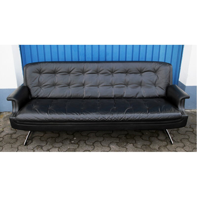 Lounge black leather 3-seater sofa - 1960s