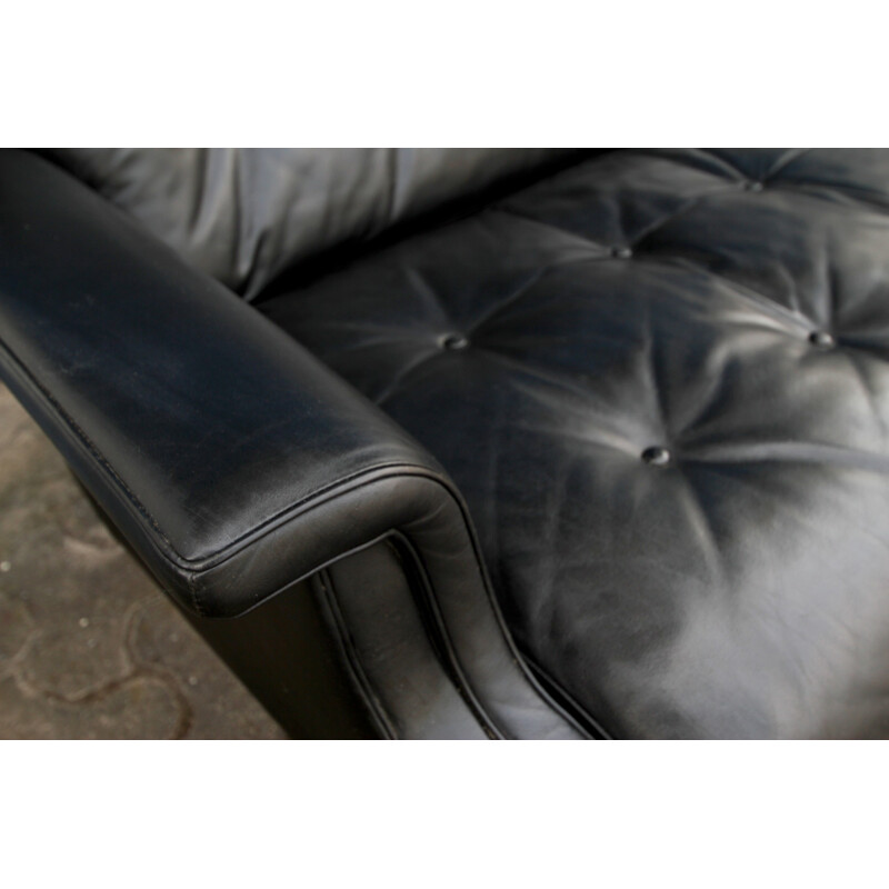 Lounge black leather 3-seater sofa - 1960s