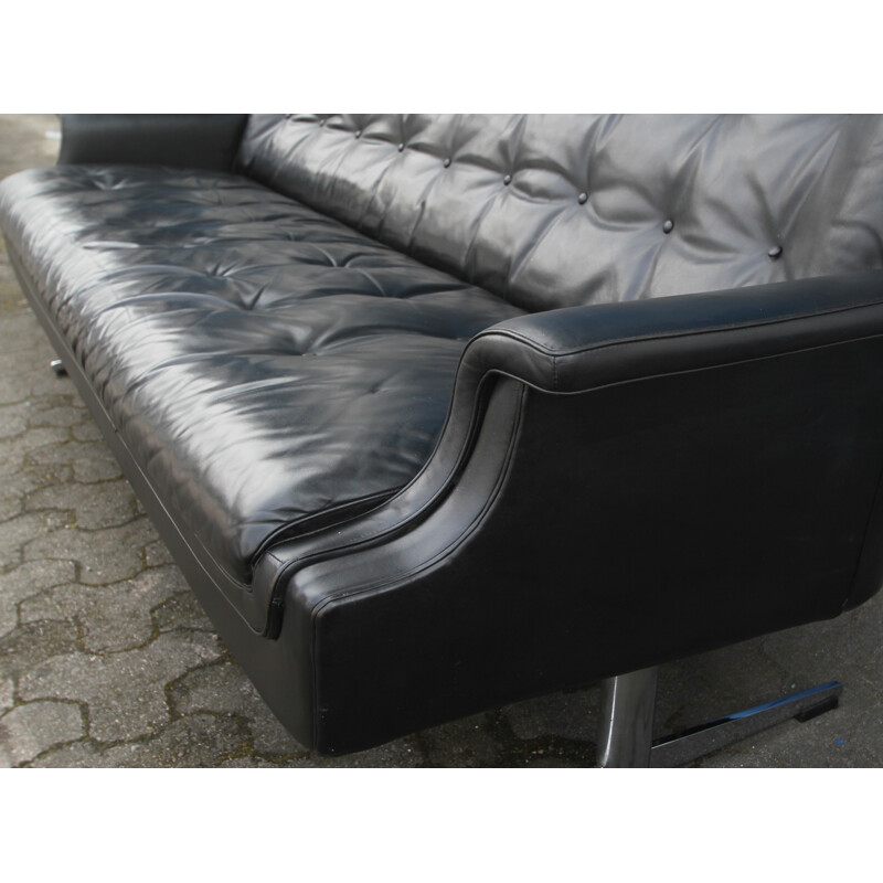 Lounge black leather 3-seater sofa - 1960s