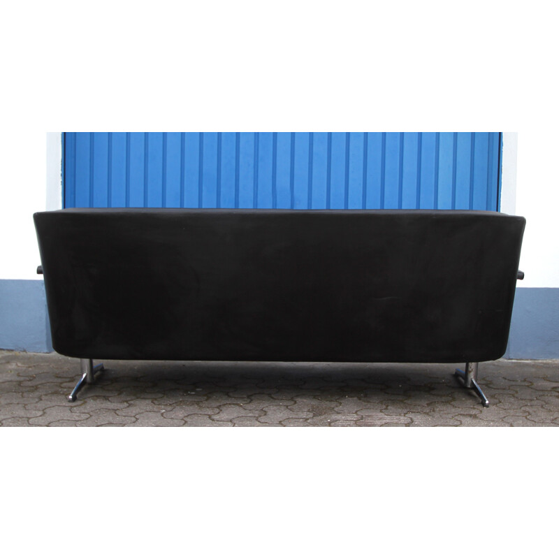 Lounge black leather 3-seater sofa - 1960s