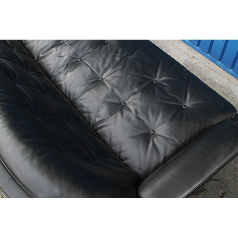 Lounge black leather 3-seater sofa - 1960s