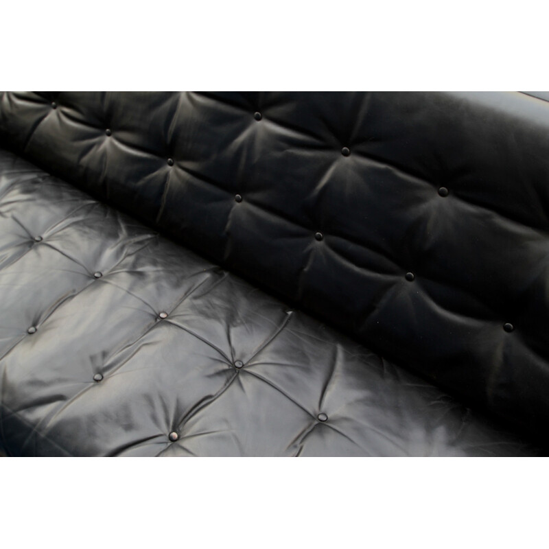 Lounge black leather 3-seater sofa - 1960s