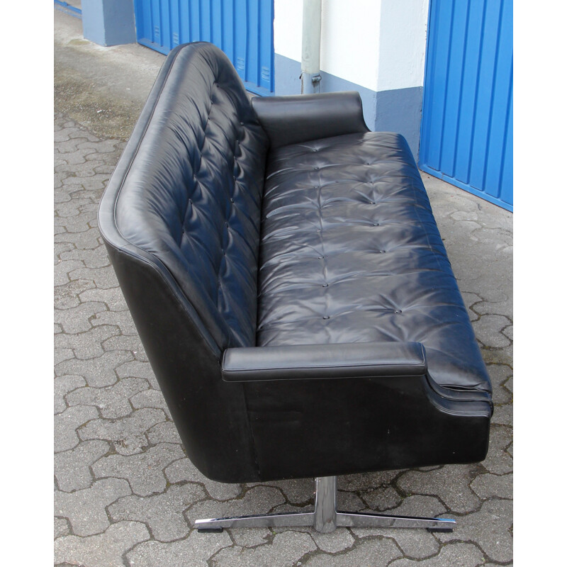 Lounge black leather 3-seater sofa - 1960s