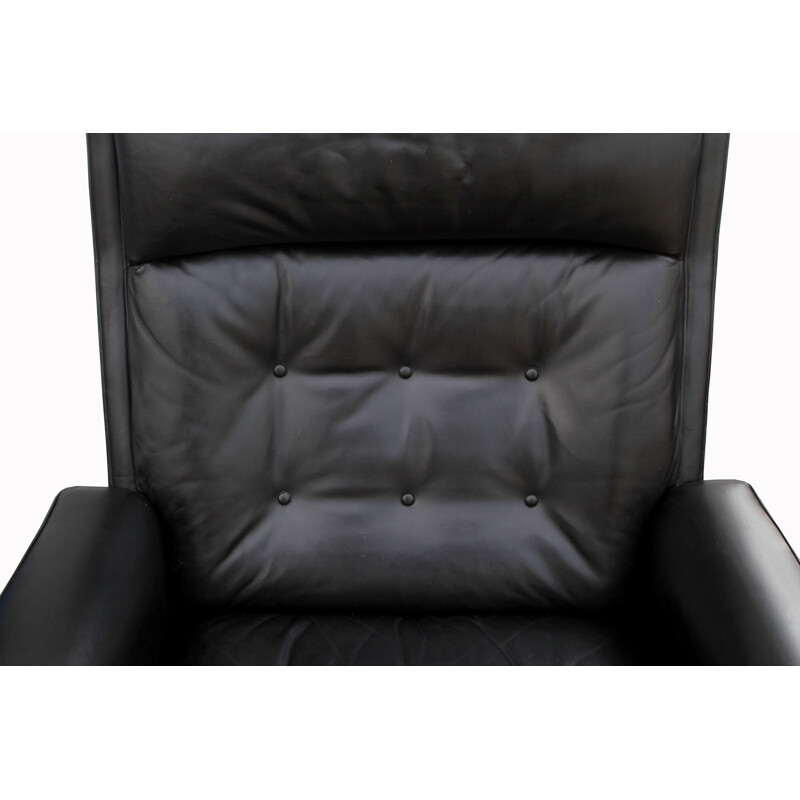 Fauteuil lounge pivotante en cuir noir - 1960   DETOURAGE
