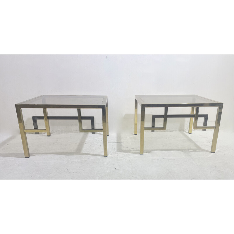 Pareja de mesas auxiliares de mediados de siglo en metal y cristal, Italia años 70