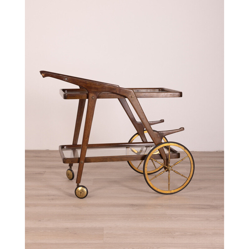 Vintage wood and gilded brass trolley by Cesare Lacca, 1950s