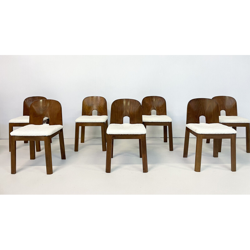 Satz von 10 Stühlen aus der Mitte des Jahrhunderts aus Holz und weißem Bouclé, Italien 1960er Jahre