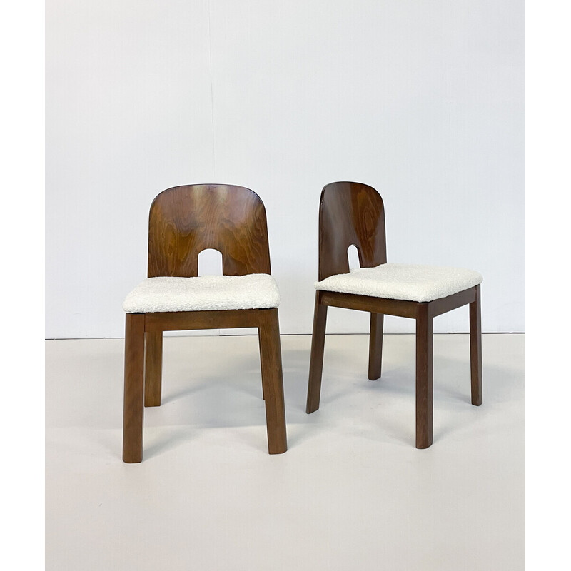 Set van 10 mid-eeuwse stoelen in hout en wit boucle, Italië 1960