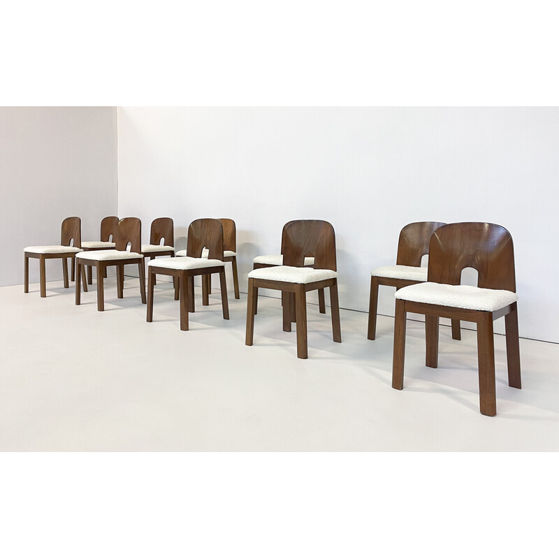 Set of 10 mid-century chairs in wood and white boucle, Italy 1960s