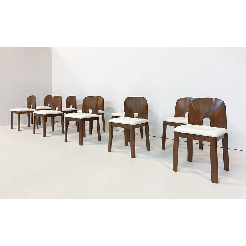 Set van 10 mid-eeuwse stoelen in hout en wit boucle, Italië 1960