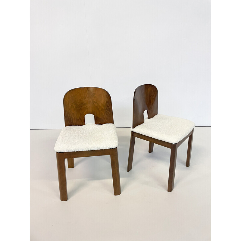 Set of 10 mid-century chairs in wood and white boucle, Italy 1960s