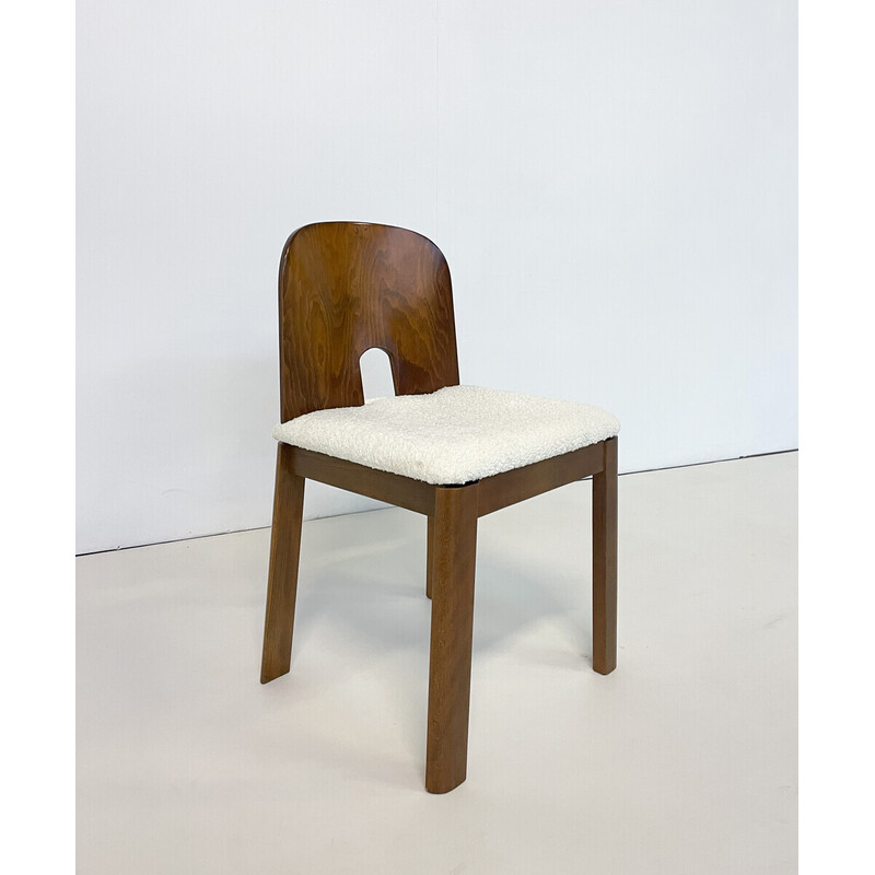 Conjunto de 10 cadeiras de meados do século em madeira e boucle branco, Itália, década de 1960