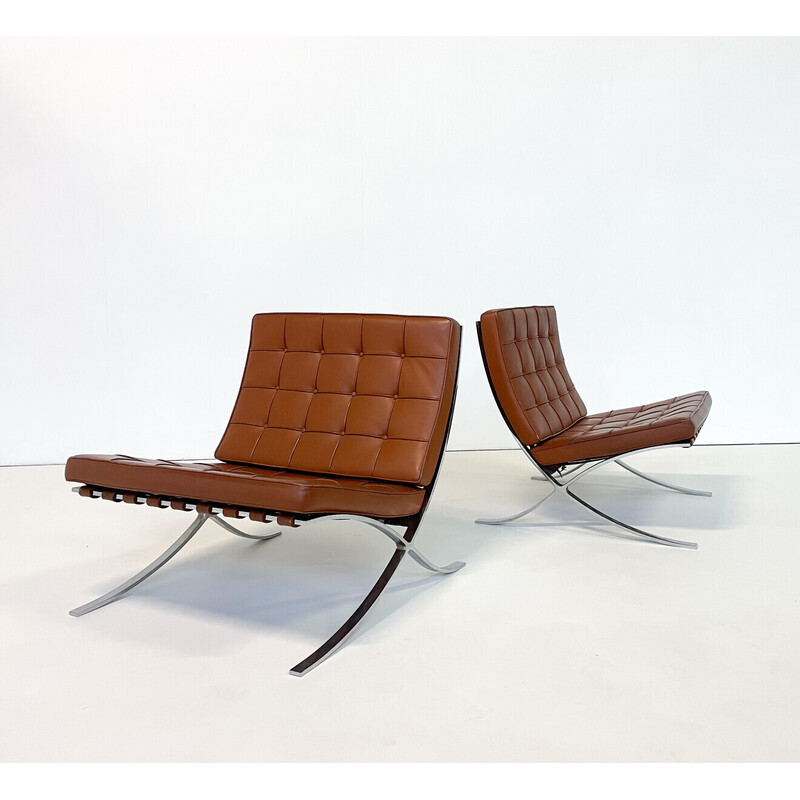 Pair of vintage brown leather Barcelona armchairs by Mies Van Der Rohe for Knoll