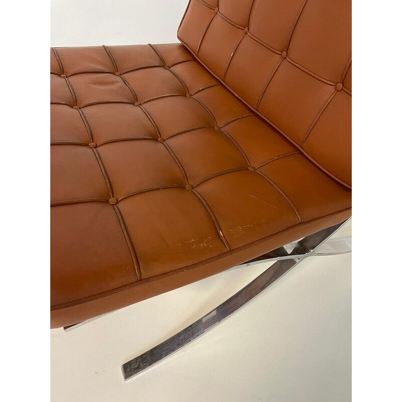 Pair of vintage brown leather Barcelona armchairs by Mies Van Der Rohe for Knoll