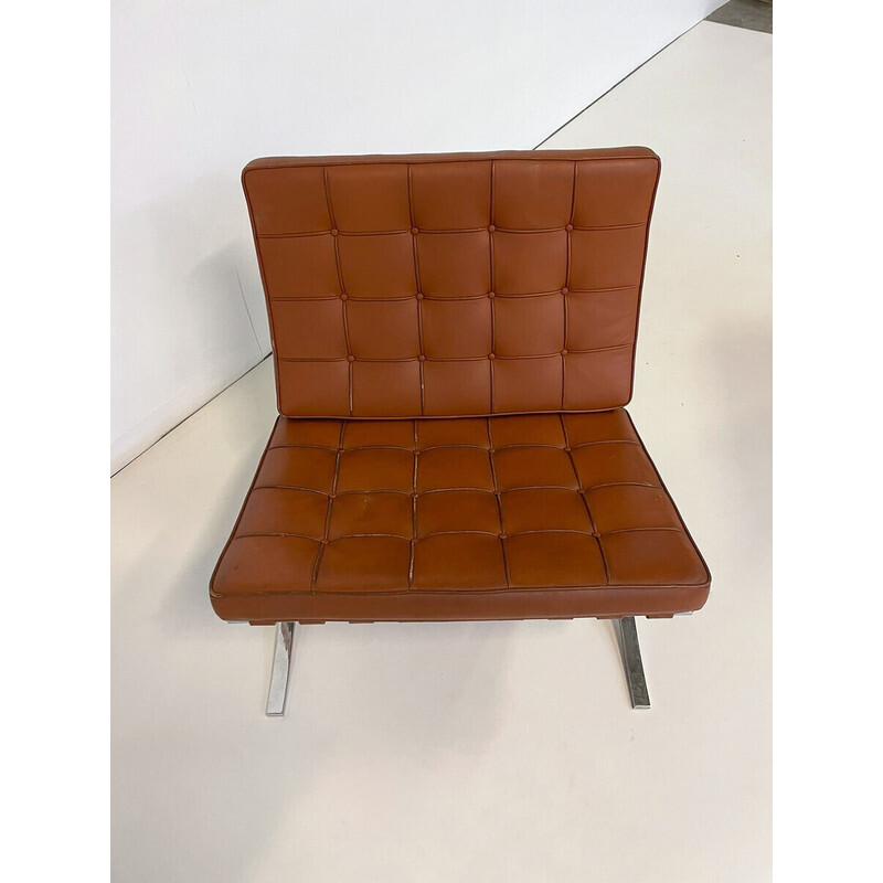 Pair of vintage brown leather Barcelona armchairs by Mies Van Der Rohe for Knoll