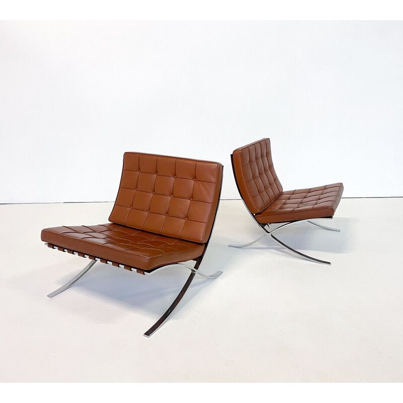 Pair of vintage brown leather Barcelona armchairs by Mies Van Der Rohe for Knoll