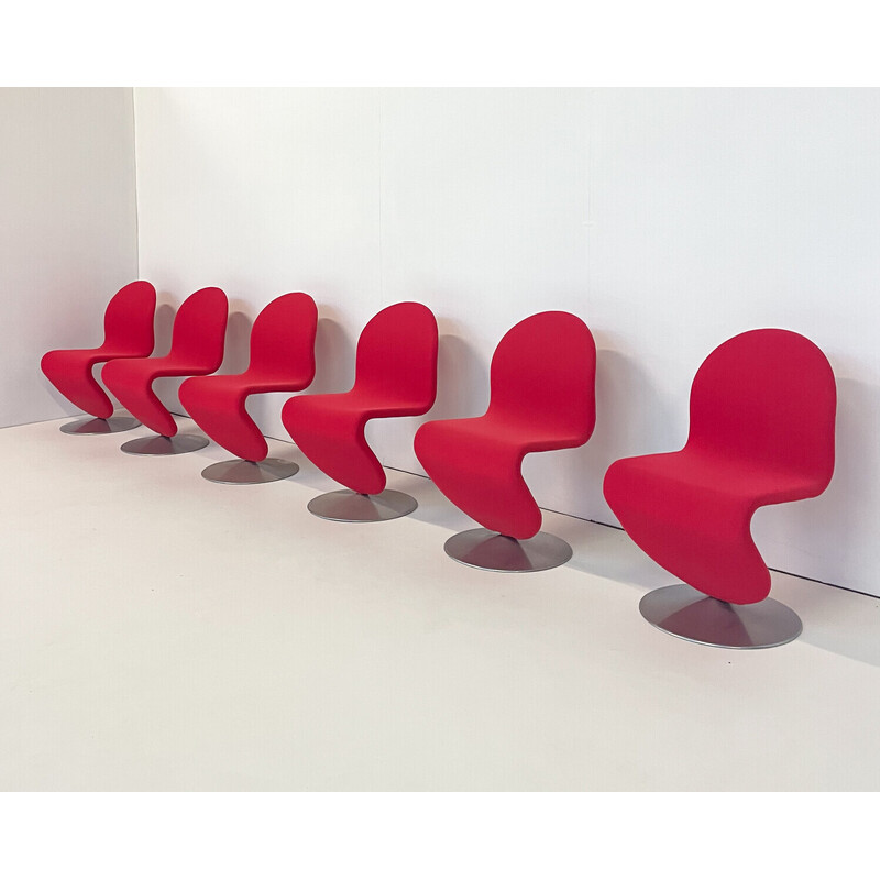 Set van 6 rode System 123 stoelen van Verner Panton, Denemarken 1973.