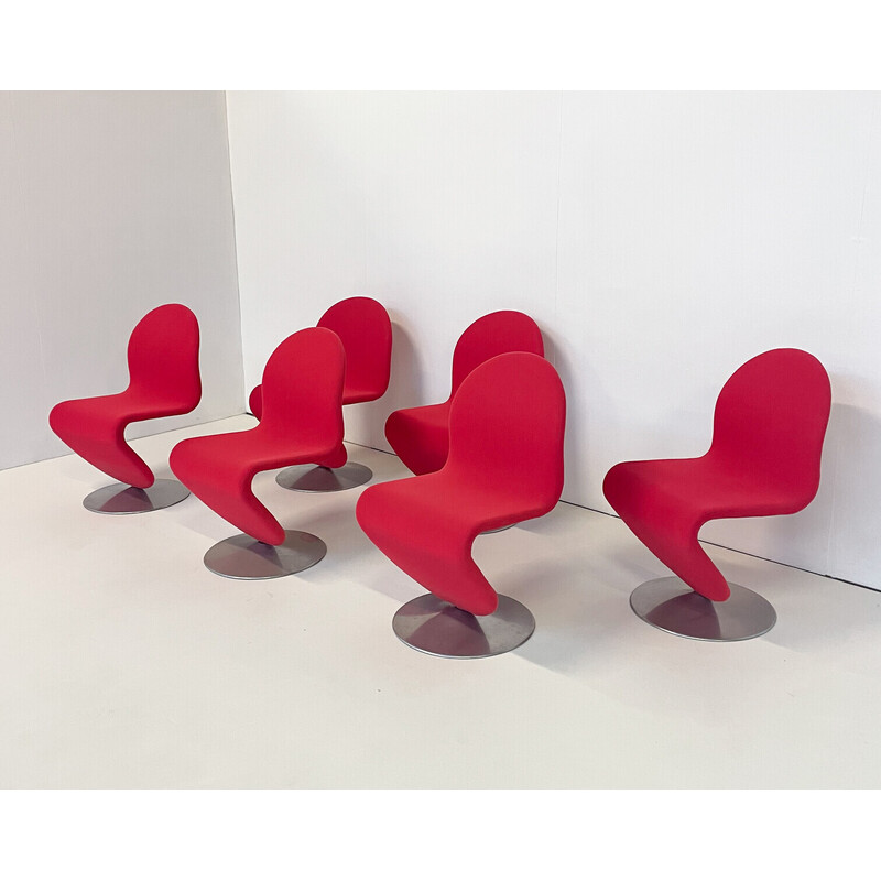 Set van 6 rode System 123 stoelen van Verner Panton, Denemarken 1973.