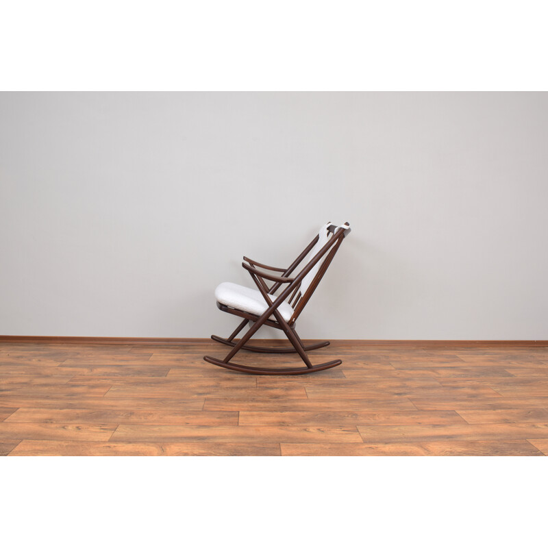 Danish vintage teak and boucle rocking chair by Frank Reenskaug for Bramin, 1960s