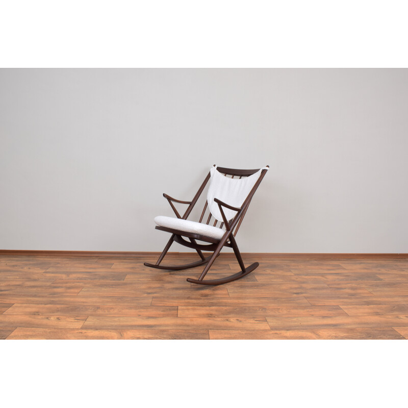 Danish vintage teak and boucle rocking chair by Frank Reenskaug for Bramin, 1960s