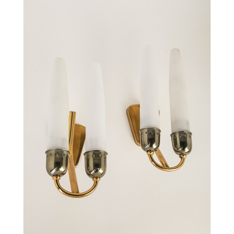 Coppia di lampade da parete vintage a doppia luce in ottone e vetro, anni  '50
