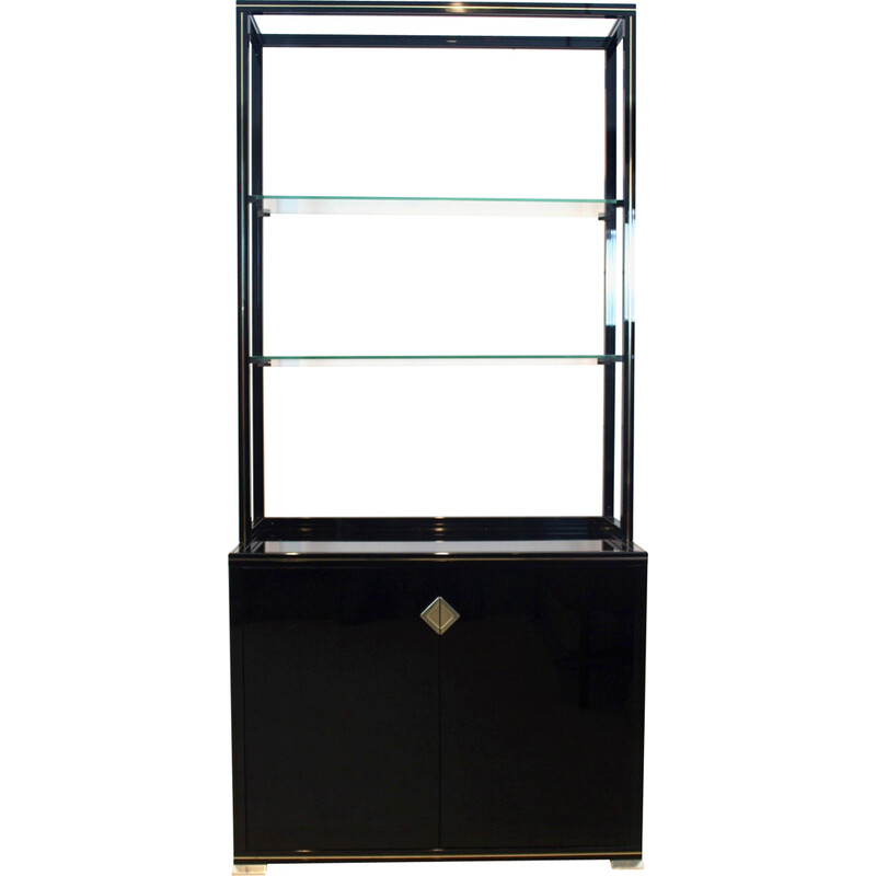 Vintage black lacquered French cabinet with shelving display by Pierre Vandel Paris