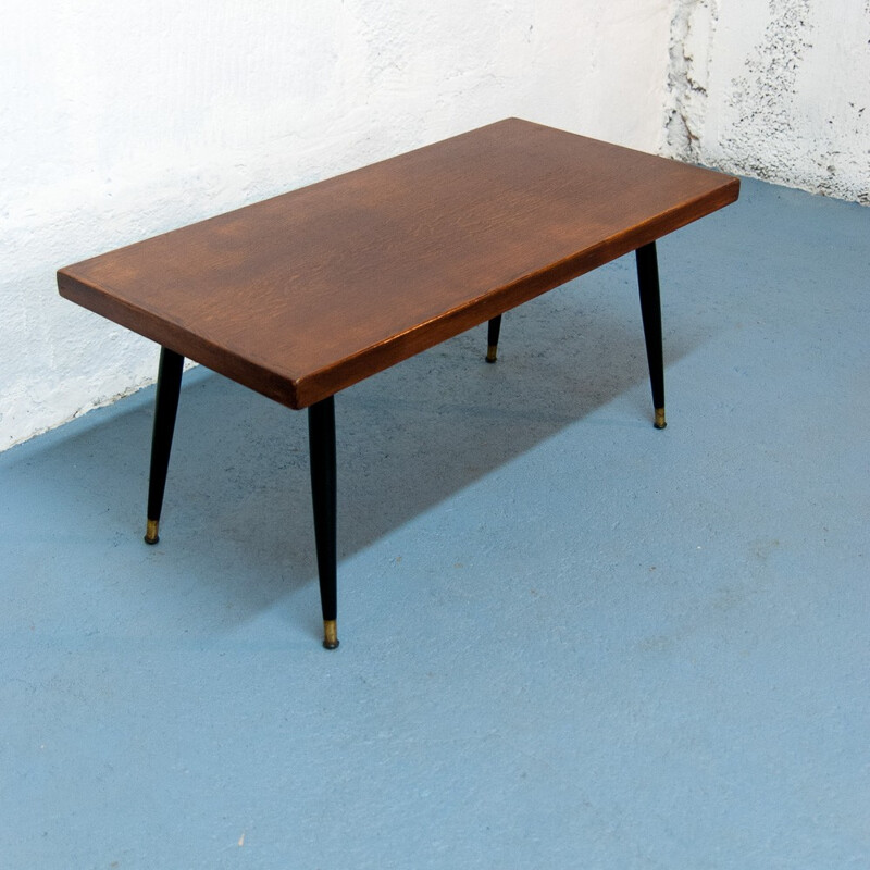 Table basse vintage en bois et en laiton - 1960