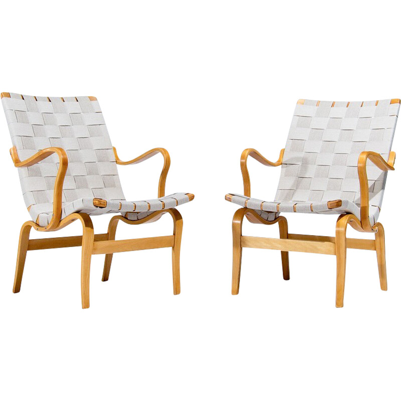 Pair of vintage Eva armchairs in beechwood and linen by Bruno Mathsson for Dux, Sweden 1960