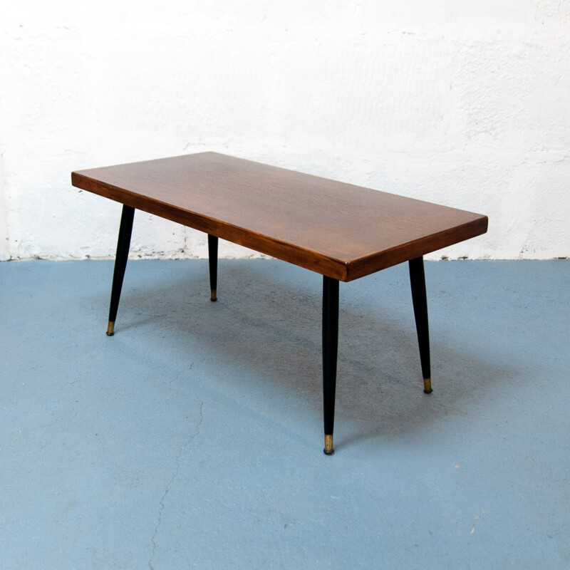 Table basse vintage en bois et en laiton - 1960
