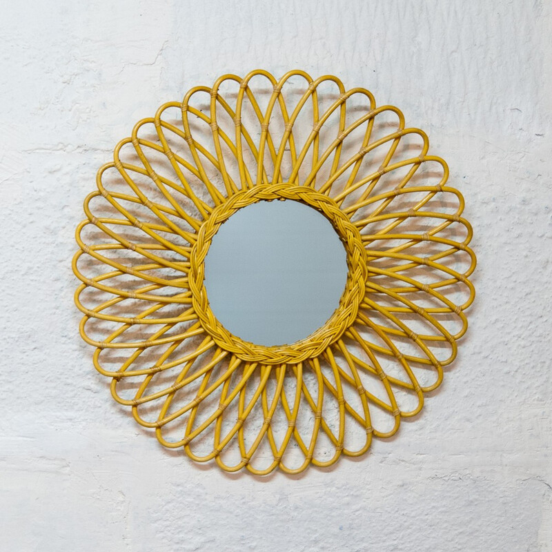 Sun shaped  mirror with rattan curved rods - 2000s