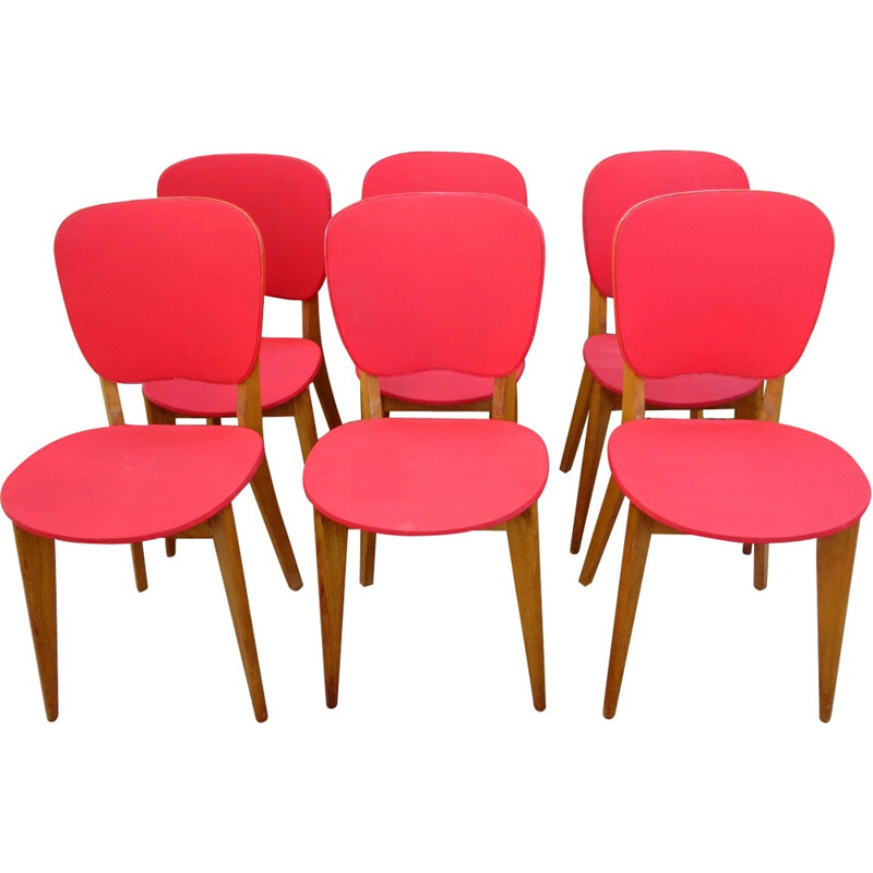 Set of 6 mid century chairs in red vinyl - 1950s