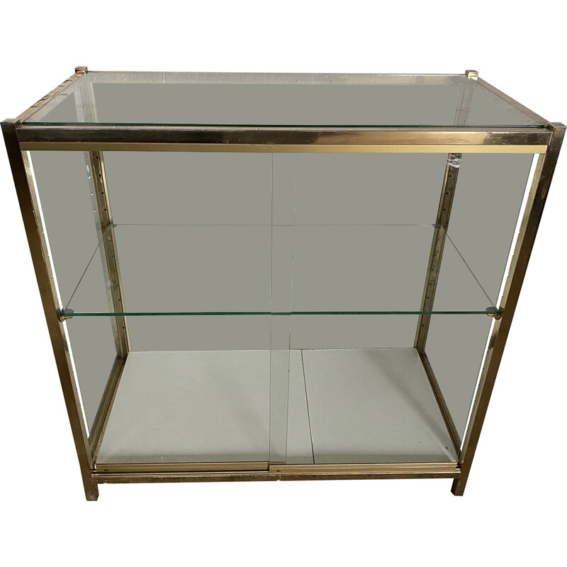 Vintage gilded metal and industrial glass display cabinet, 1950