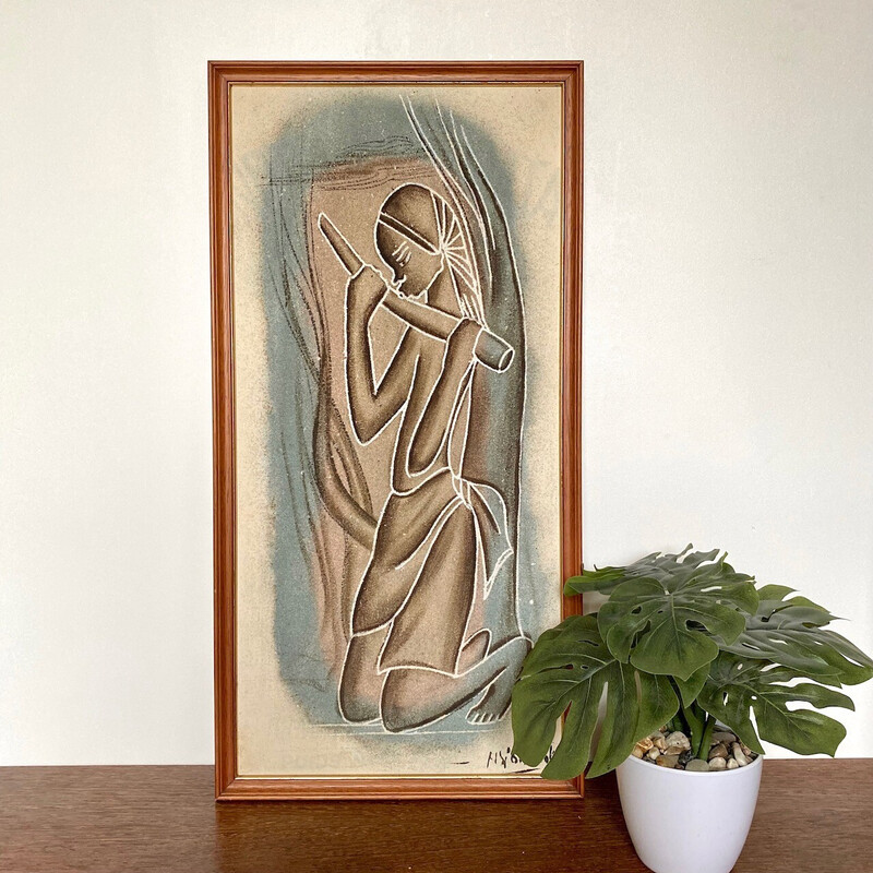 Vintage acrylic on canvas African Art by Ny'Bandoki, 1950s