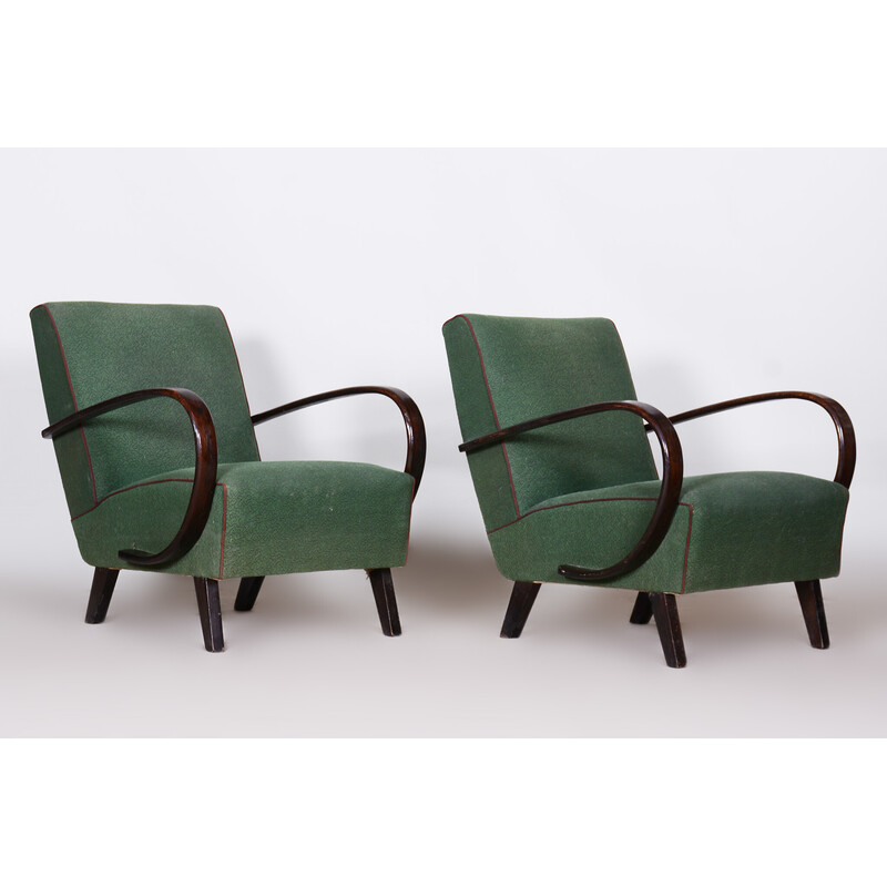 Pair of vintage green Czech Art Deco beechwood armchairs by Jindrich Halabala for Up Zavody, 1930s