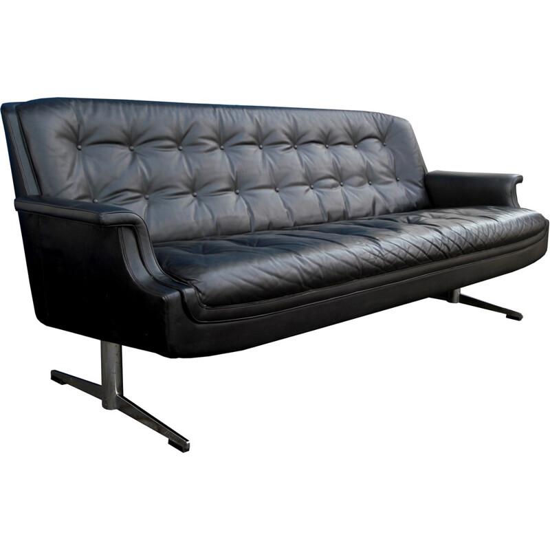 Canapé lounge 3 places en cuir noir - 1960