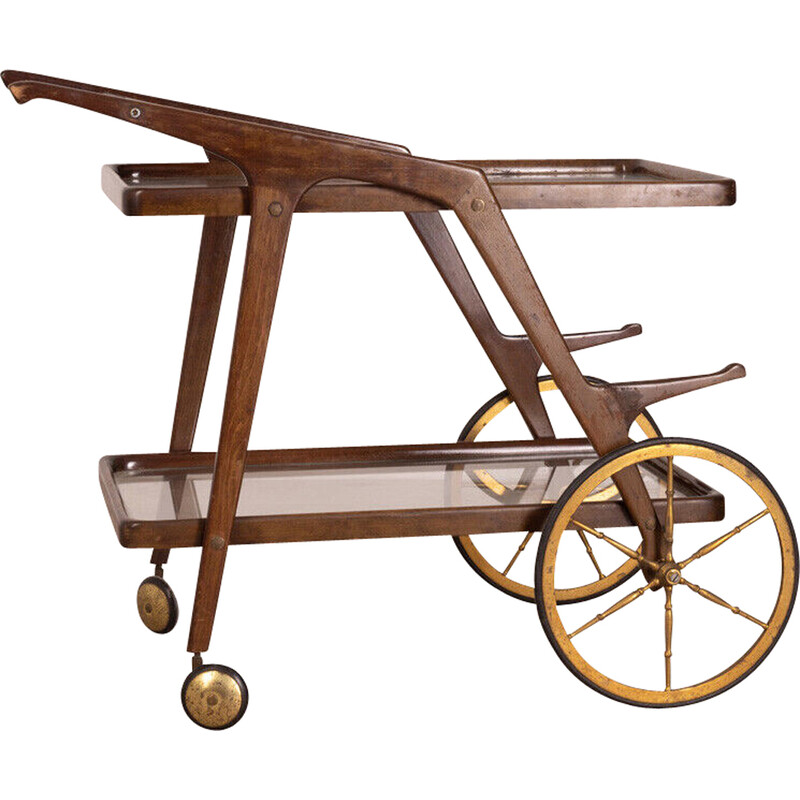 Chariot vintage en bois et laiton doré par Cesare Lacca, 1950